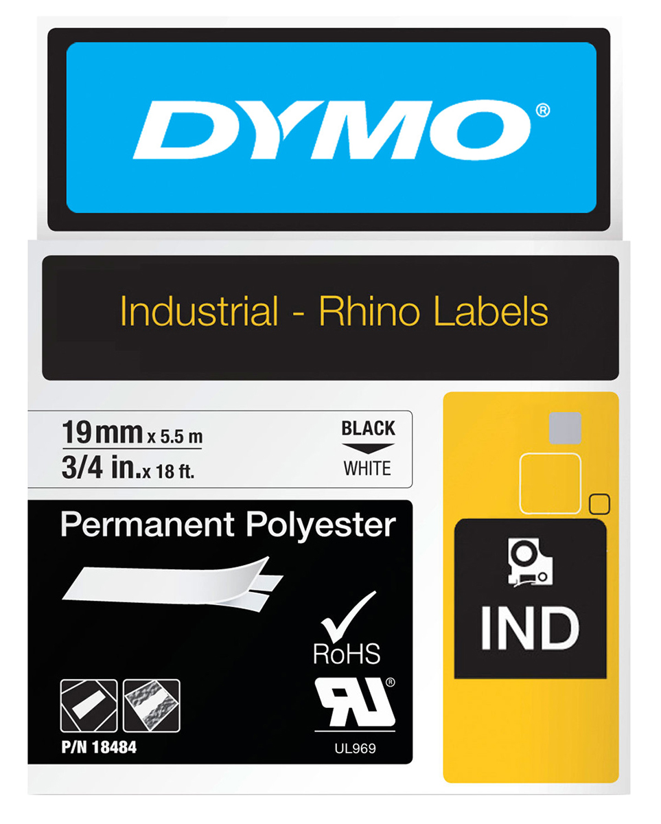 LABEL TAPE DYMO 19MMX5.5M RHINO PERMANENT POLYESTER BLACK ON WHITE