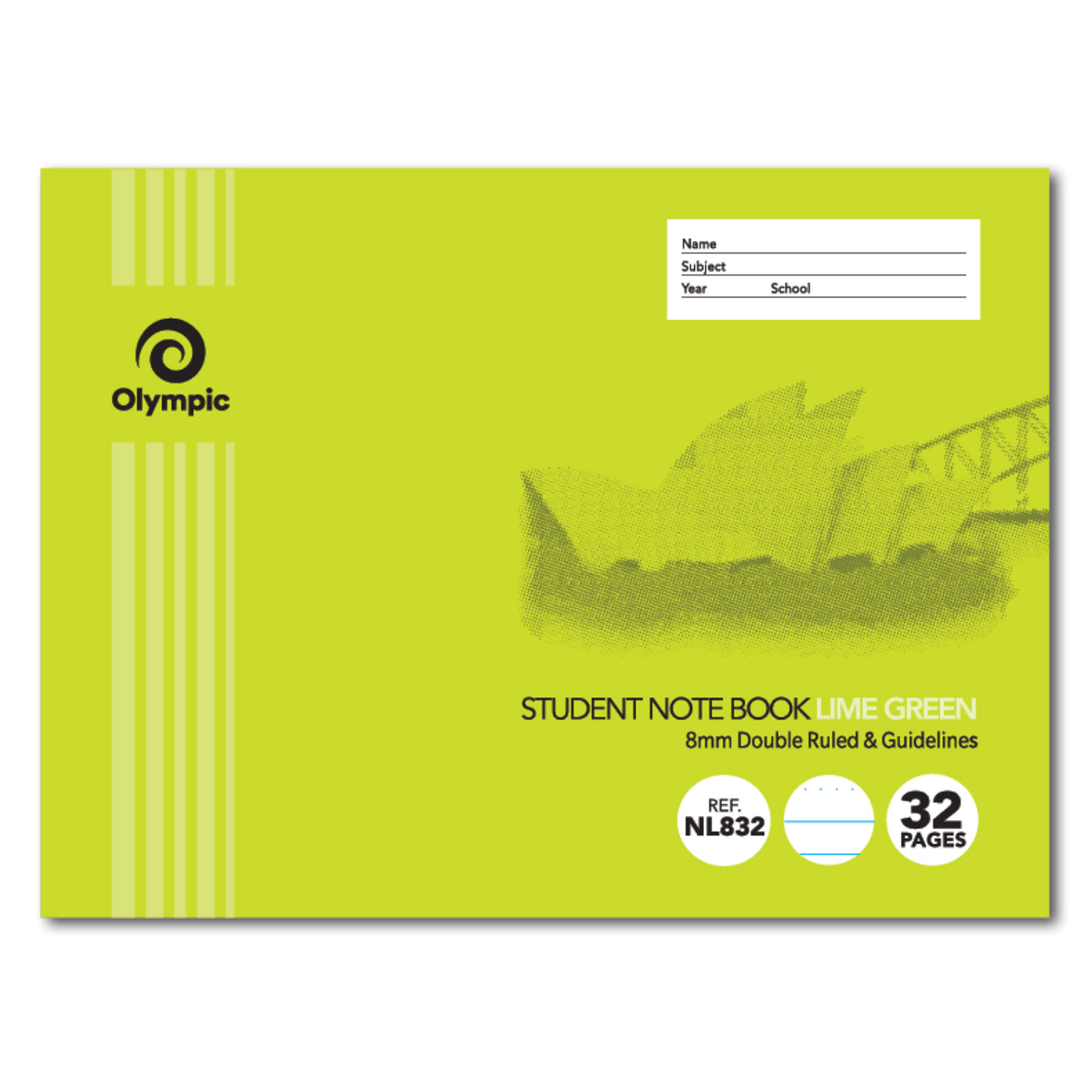 STUDENT BOOK OLYMPIC NSW 8MM D/RULED+GUIDE (L) LIME 32PG