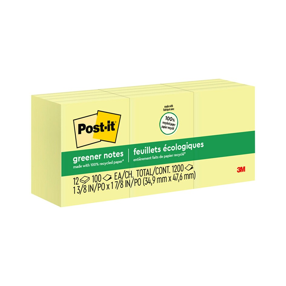 NOTES POST-IT 50.8X38.1MM 653-RP RECYCLED YELLOW PK12