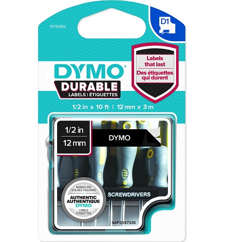 LABEL TAPE DYMO D1 DURABLE 12MMX3M WHITE ON BLACK