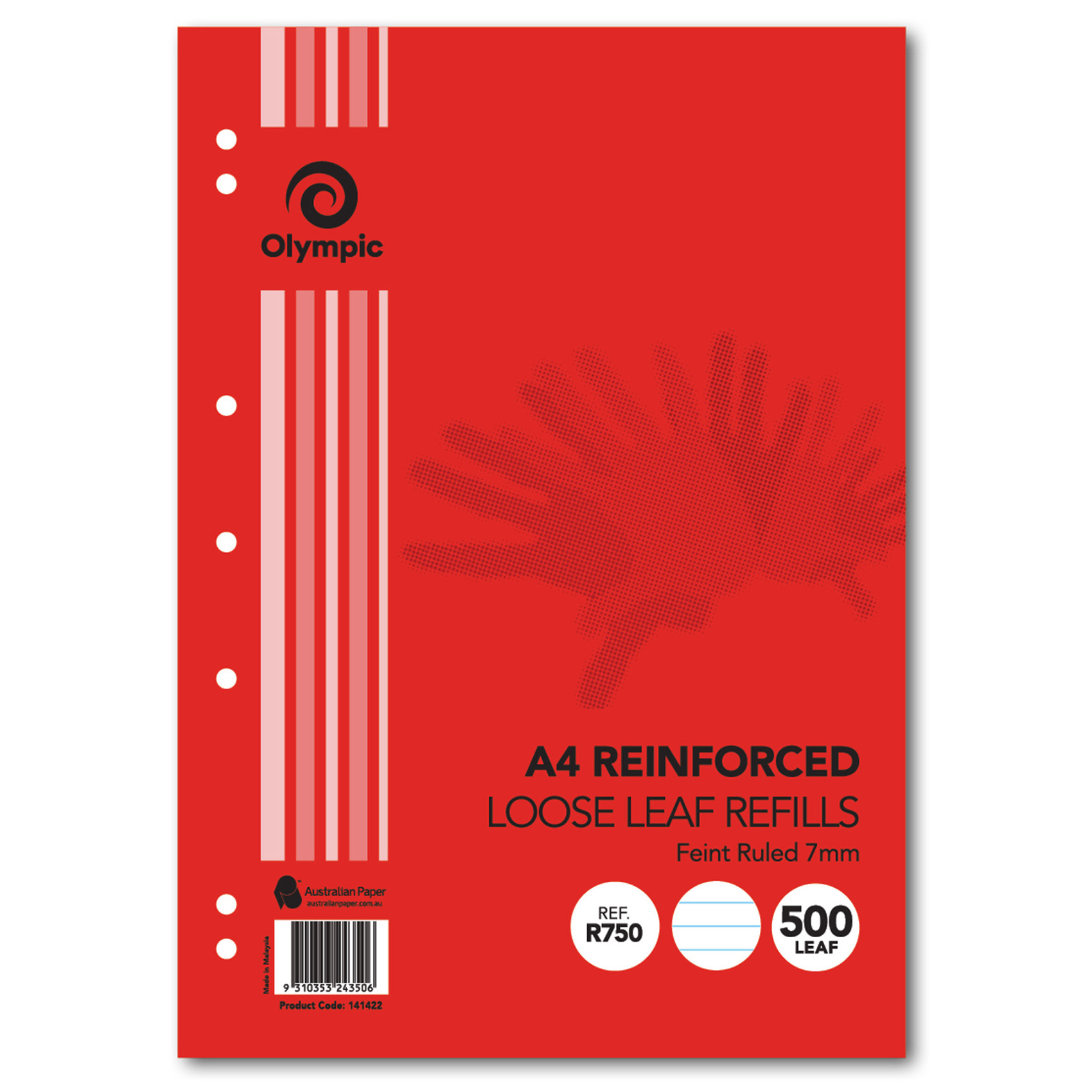 LOOSE LEAF REINFORCED REFILLS OLYMPIC A4 RULED 7MM 500 LEAF