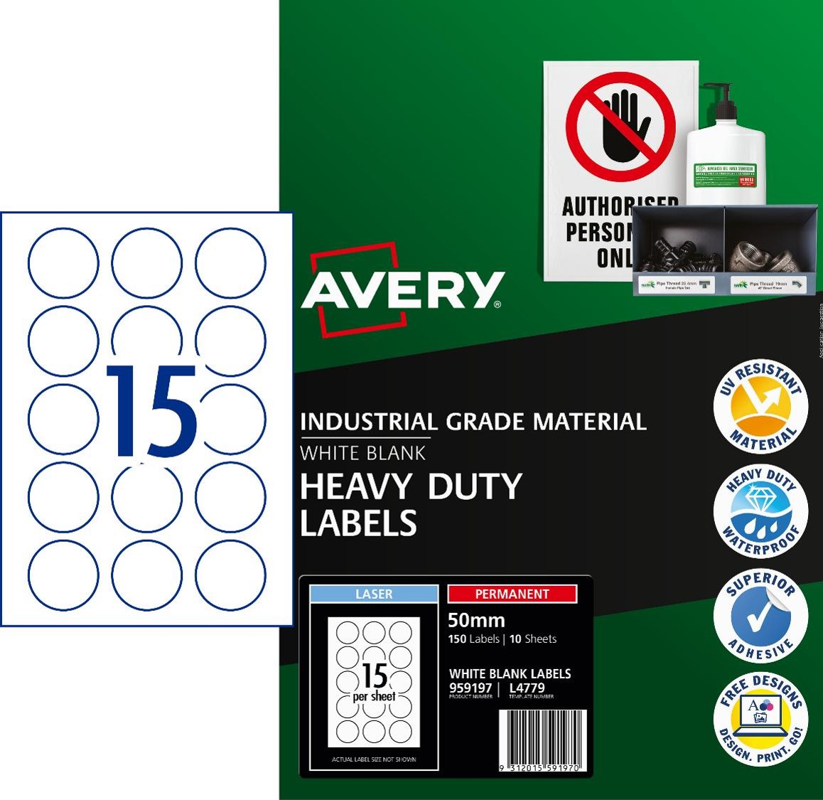 LABEL AVERY L4779 WHITE H/DUTY ROUND 15UP 50MM DIA PK10