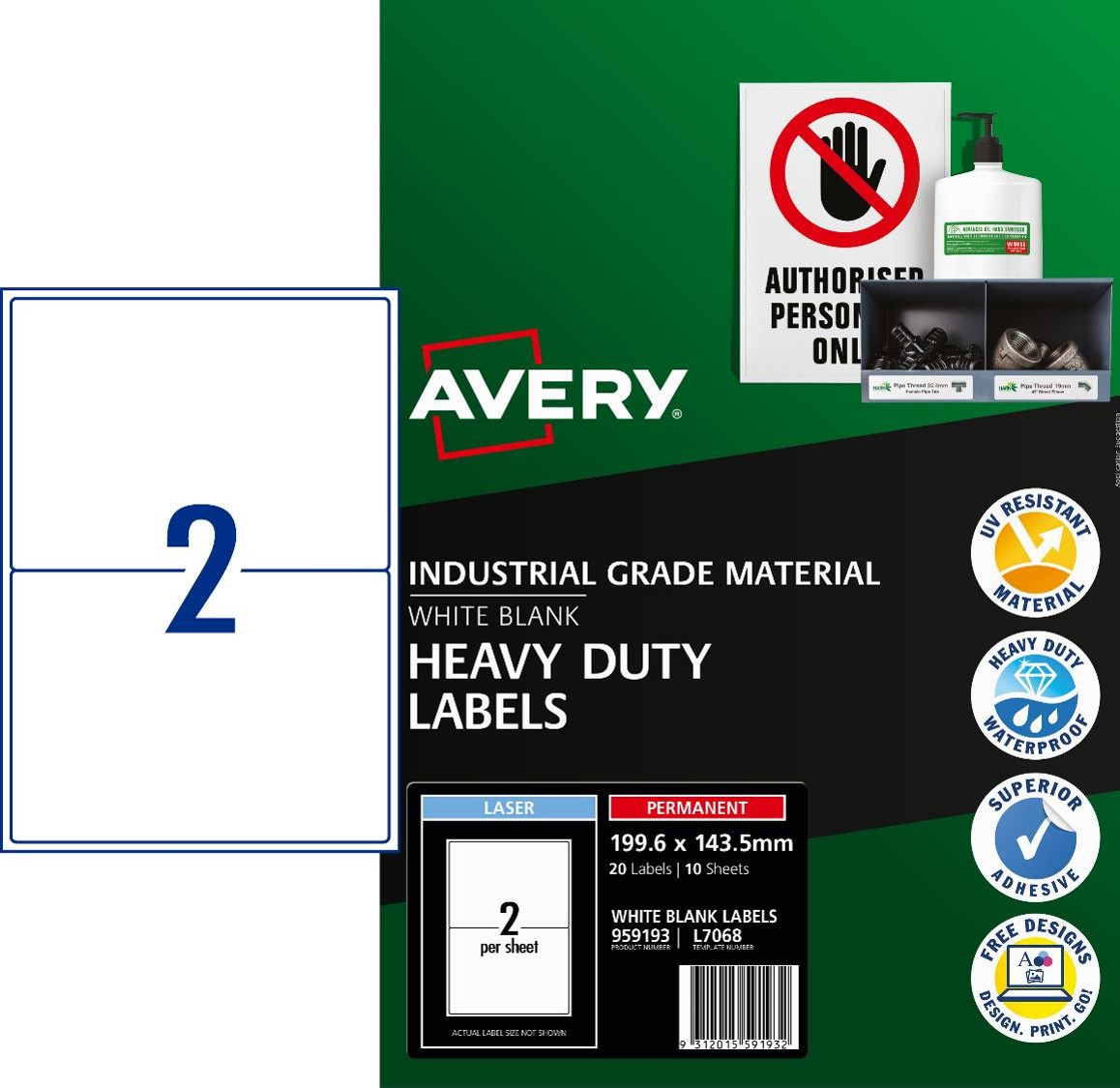 LABEL AVERY L7068 WHITE H/DUTY 2UP 199.6X143.5MM PK10
