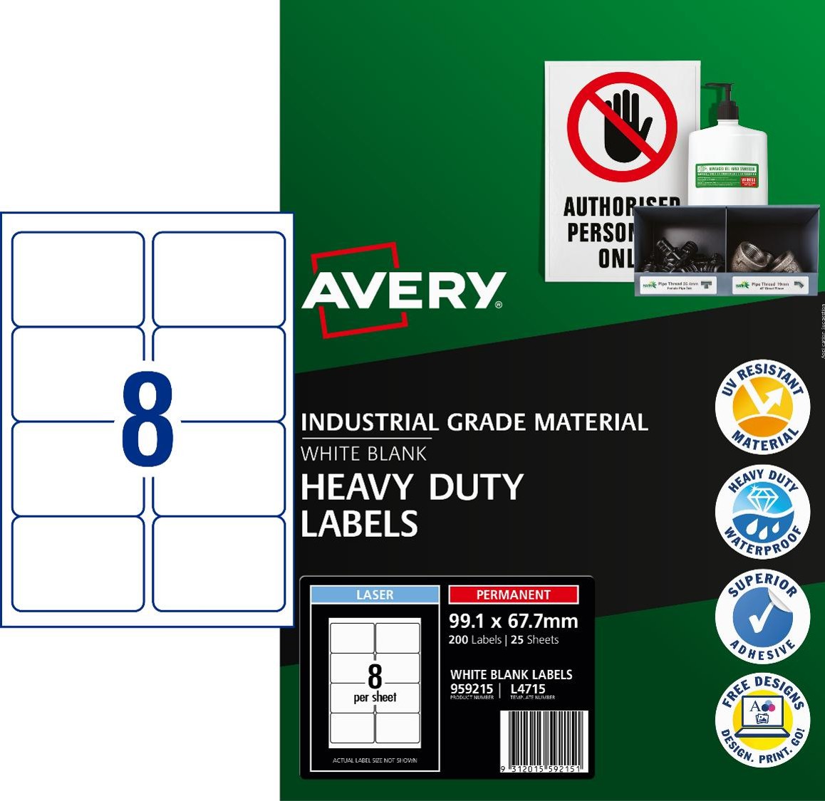 LABEL AVERY L4715 WHITE H/DUTY 8UP 99.1X67.7MM PK25