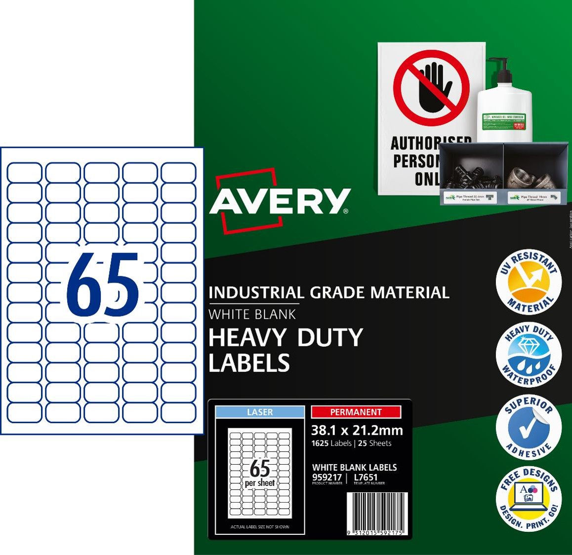 LABEL AVERY L7651 WHITE H/DUTY 65UP 38.1X21.2 PK25