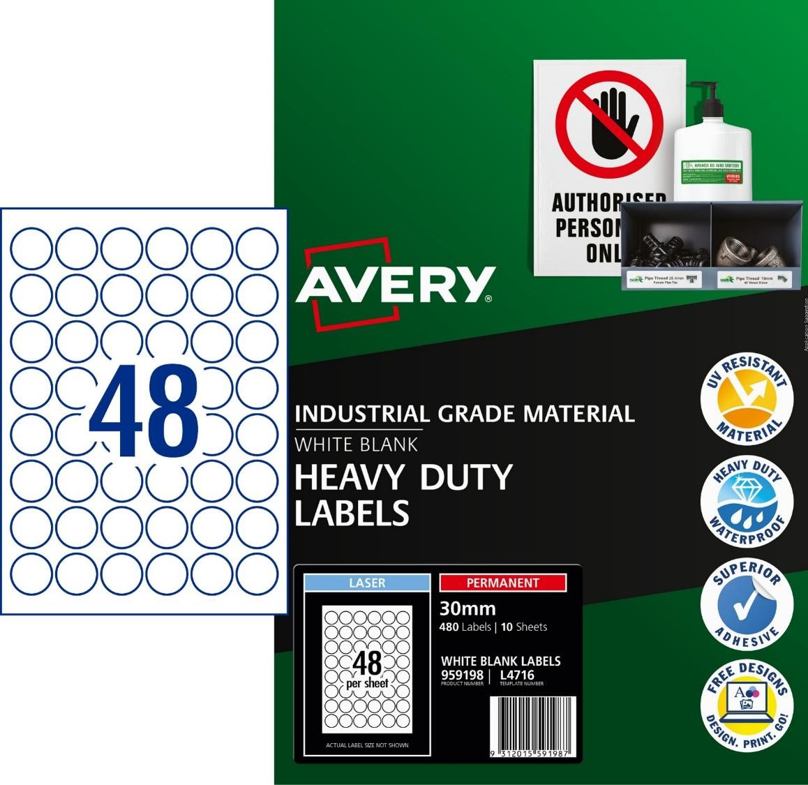 LABEL AVERY L4716 WHITE H/DUTY ROUND 48UP 30MM DIA PK10