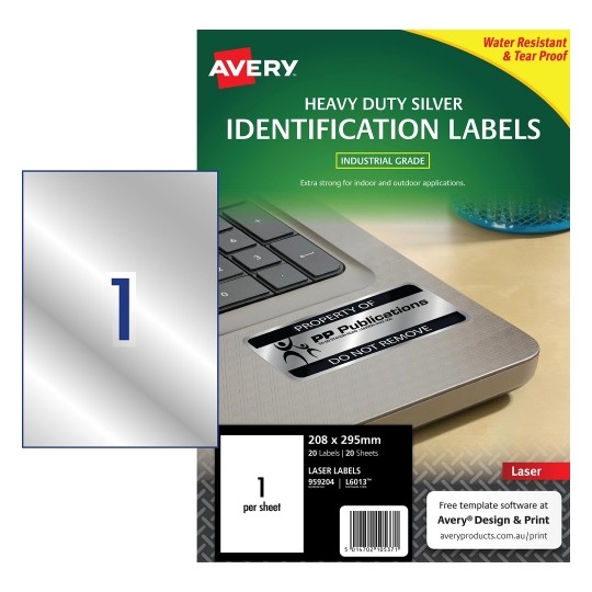 LABEL AVERY LASER L6013 SILVER H/DUTY 295X208MM 1UP PK20