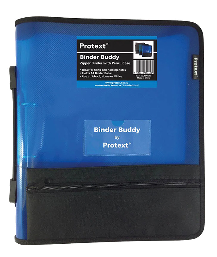 BINDER BUDDY PROTEXT A4 2 RING 25MM WITH ZIPPER,HANDLE,P/CASE,POCKETS BLUE
