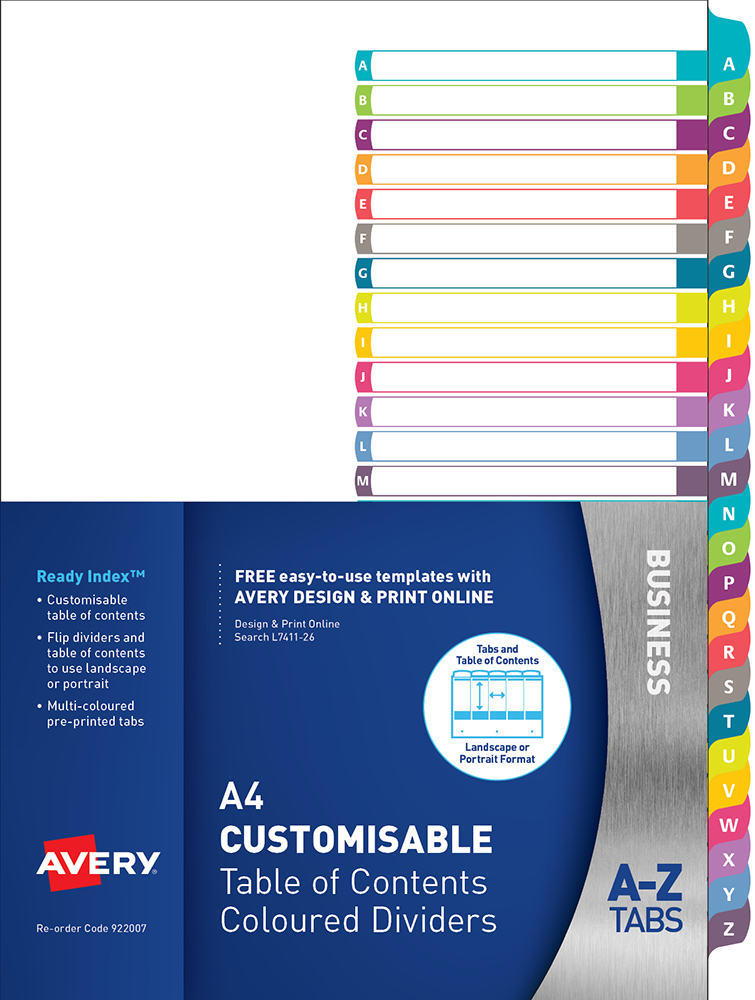 DIVIDER AVERY A4 READY INDEX A-Z SINGLE COLUMN LANDSCAPE/PORTRAIT