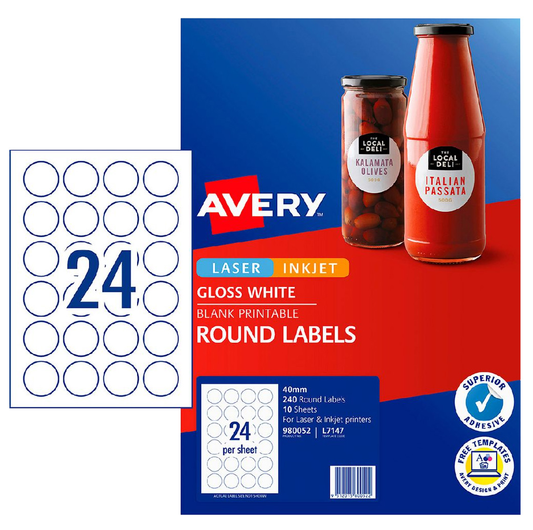 LABELS AVERY L7147 GLOSS ROUND 40MM PK10