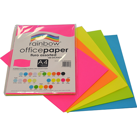 COPY PAPER RAINBOW A4 75GSM FLURO ASSORTED PK100