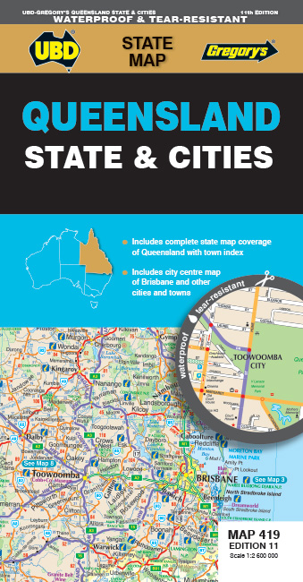 MAP UBD/GRE 920X690MM QUEENSLAND STATE & CITIES 419 11TH ED WATERPROOF