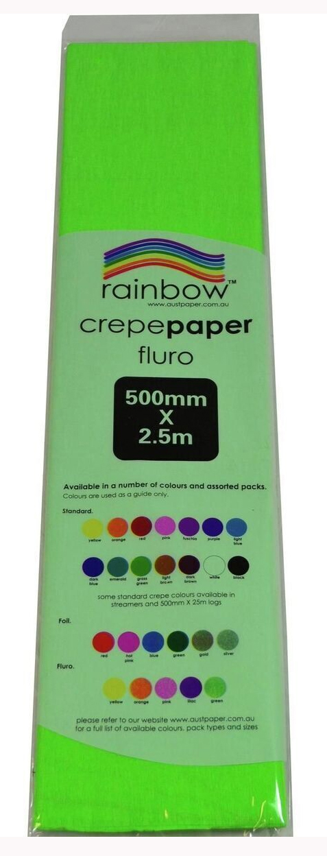 SP- CREPE PAPER RAINBOW 500MMX2.5M FLURO GREEN