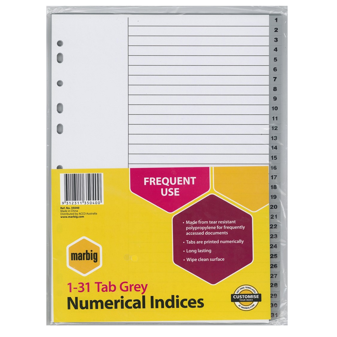 DIVIDERS MARBIG A4 PP 1-31 TAB GREY