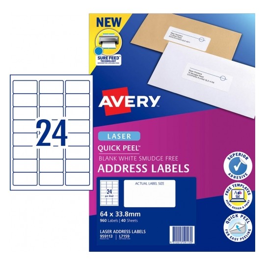 LABEL AVERY 24UP 64X33.8MM L7159 LASER QUICK PEEL ADDRESS PK40