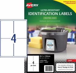 LABEL AVERY LASER L7915 ULTRA RESISTANT 99.1X139MM 4UP PK10