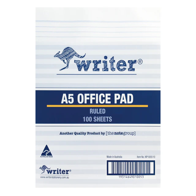 OFFICE PAD WRITER A5 BANK RULED 50GSM 100SHT