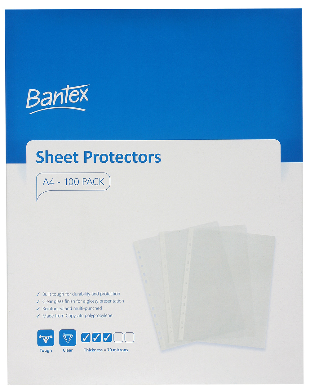SHEET PROTECTORS BANTEX A4 PP TOUGH 70 MICRON BX100 CLEAR