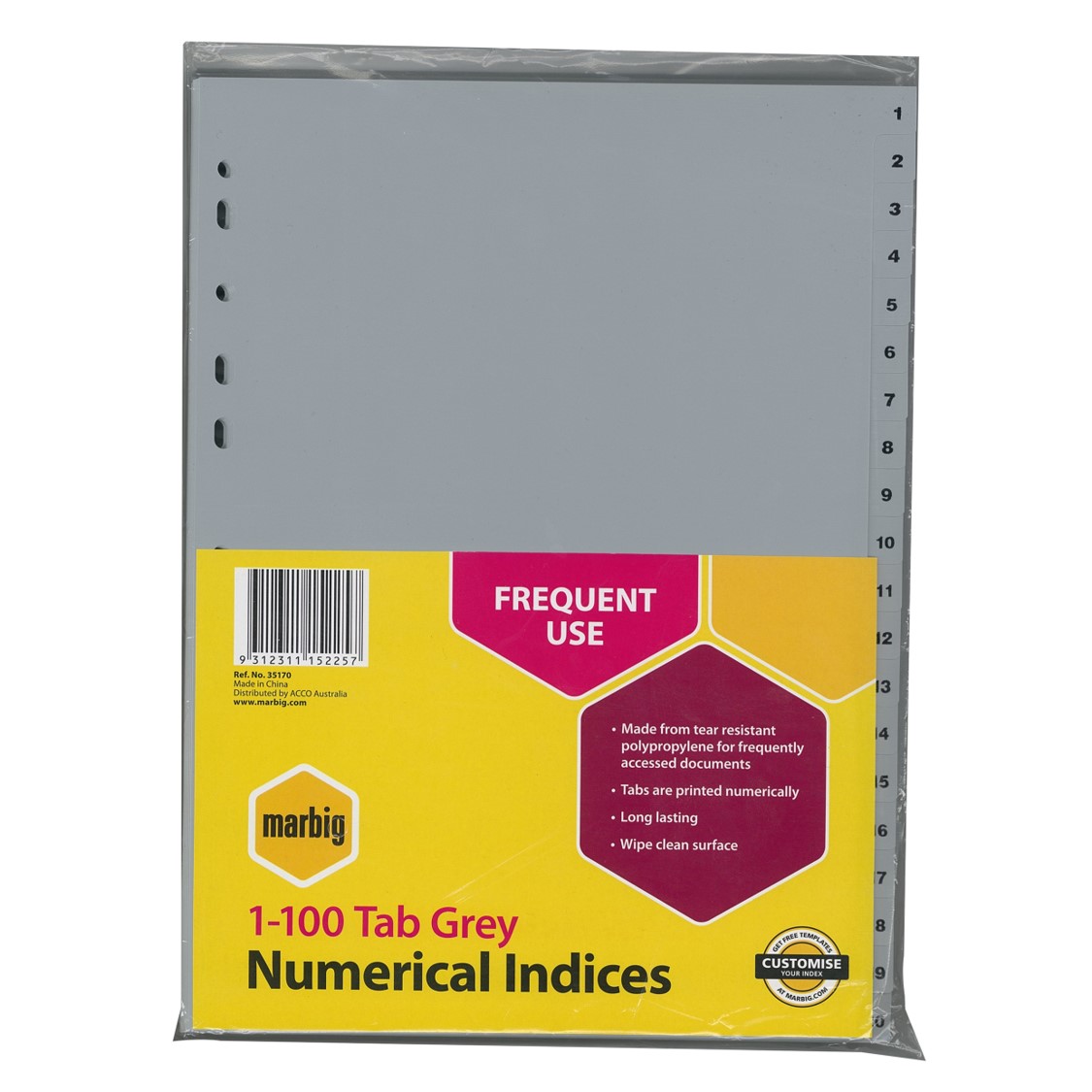 SP- DIVIDERS MARBIG A4 PP 1-100 GREY