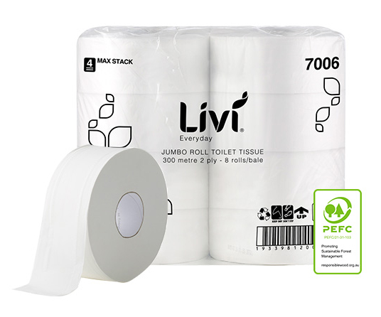 TOILET PAPER ROLL LIVI BASICS 300M JUMBO 2PLY