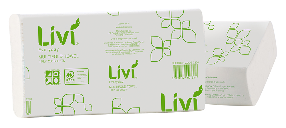 PAPER TOWEL LIVI BASICS MULTIFOLD 1PLY 200 SHTS
