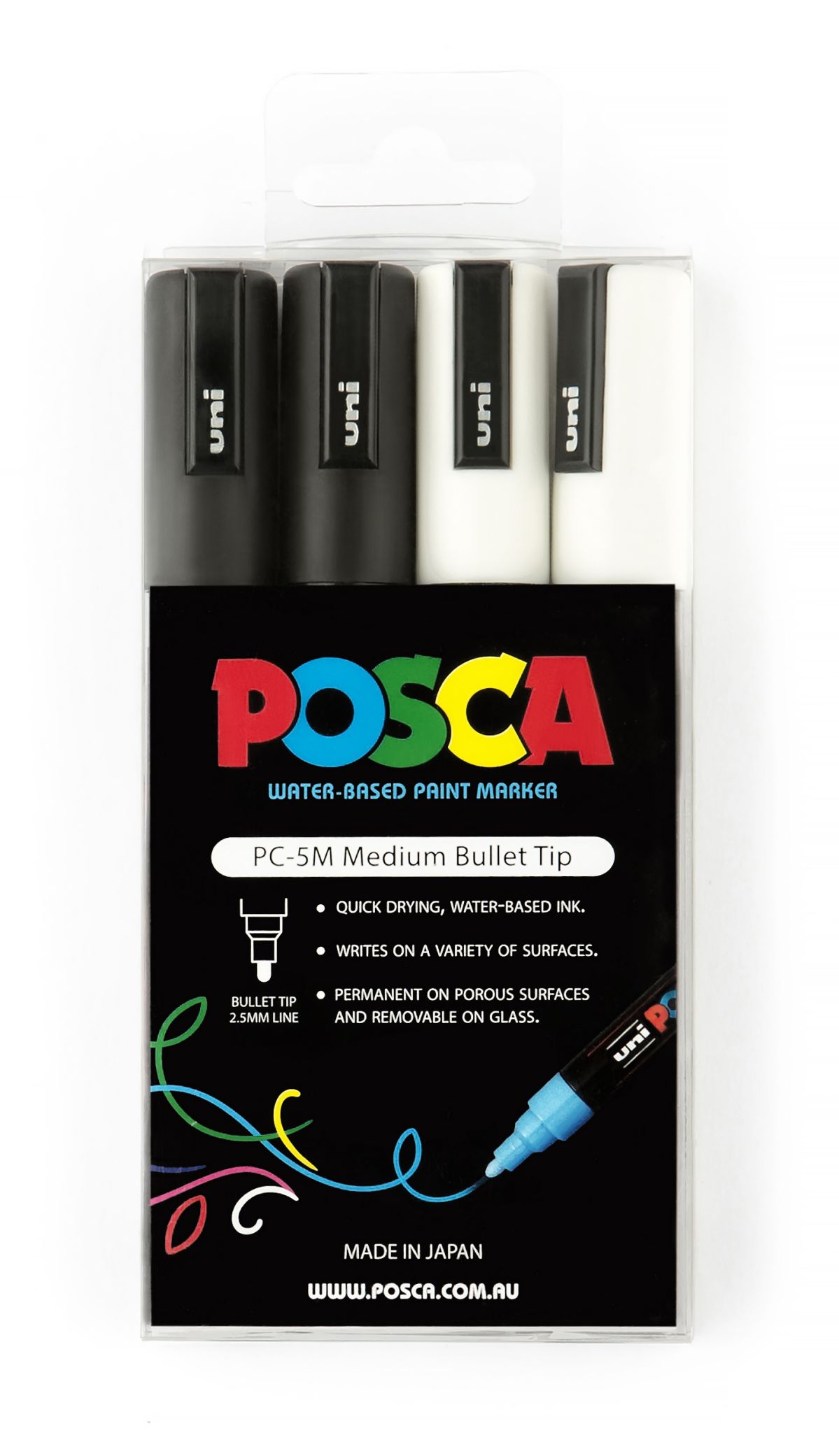 MARKER UNI POSCA PAINT PC5M MEDIUM BULLET TIP ASST BLACK/WHITE PK4