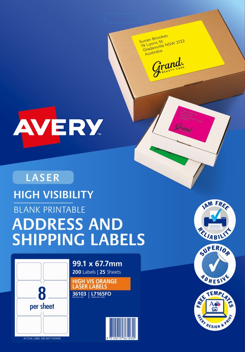 SP- LABEL AVERY L7165FO SHIPPING HI VIS FLUORO ORANGE 8UP 25 SHTS