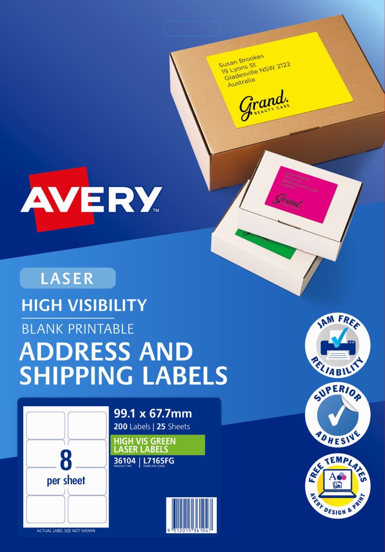 SP- LABEL AVERY L7165FG SHIPPING HI VIS FLUORO GREEN 8UP 25 SHTS