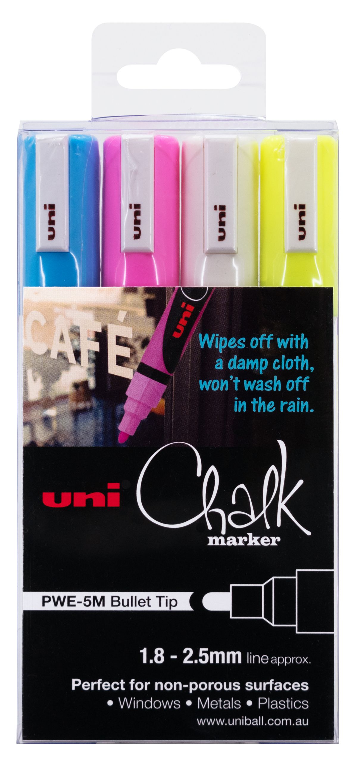 MARKER CHALK UNI PWE5M MEDIUM BULLET TIP ASST PK4