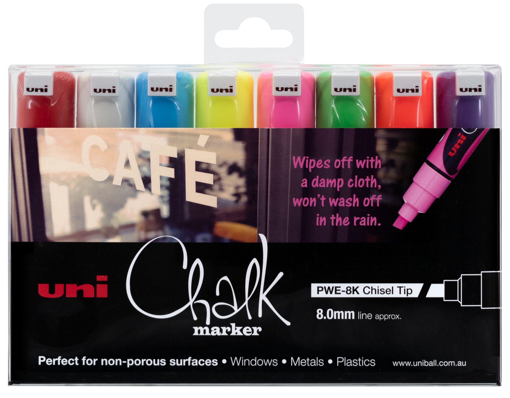 MARKER CHALK UNI PWE8K BOLD CHISEL TIP ASST PK8