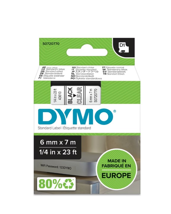 LABEL TAPE DYMO D1 6MMX7M BLACK ON WHITE