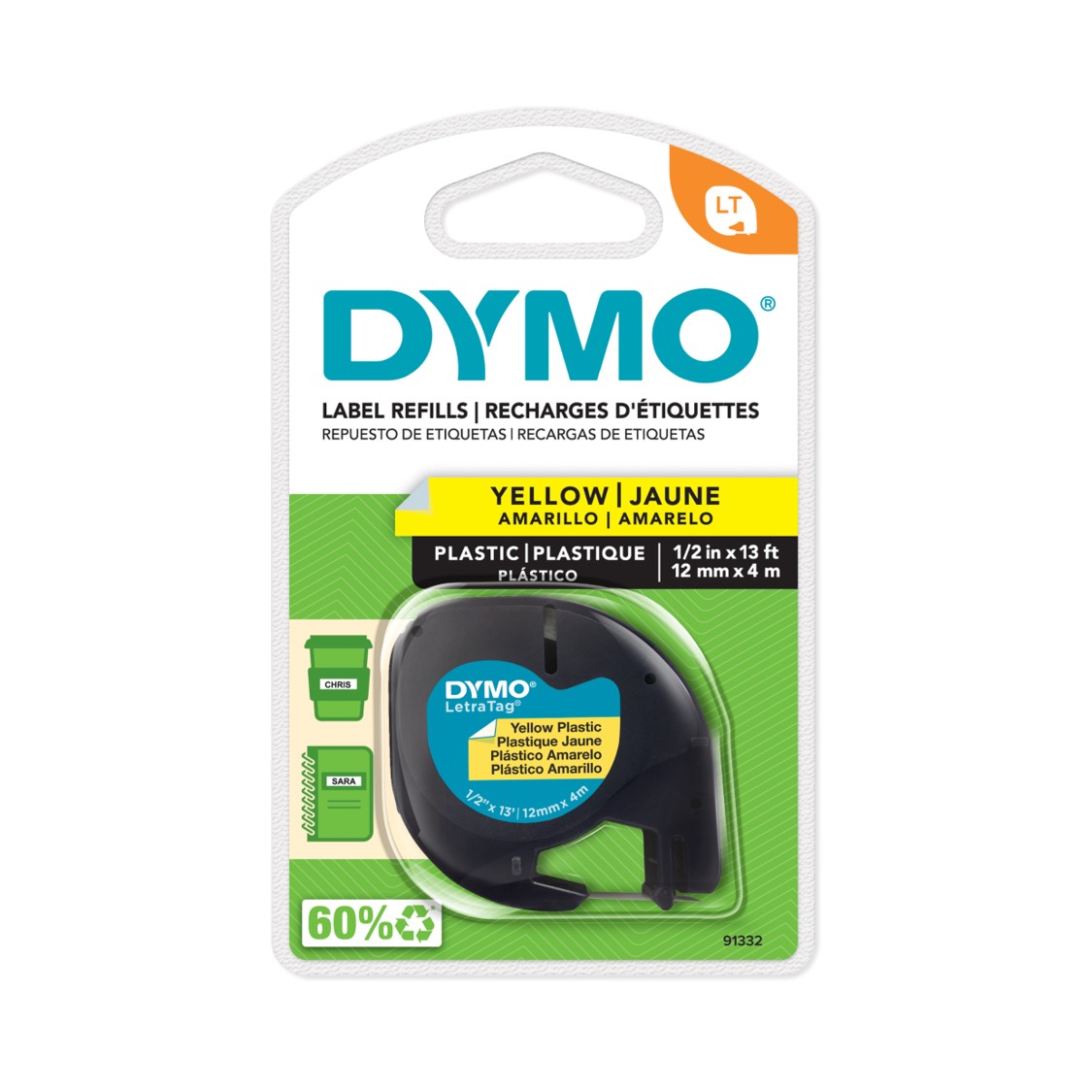 LABEL TAPE DYMO 12MM X 4M LETRA-TAG PLASTIC YELLOW