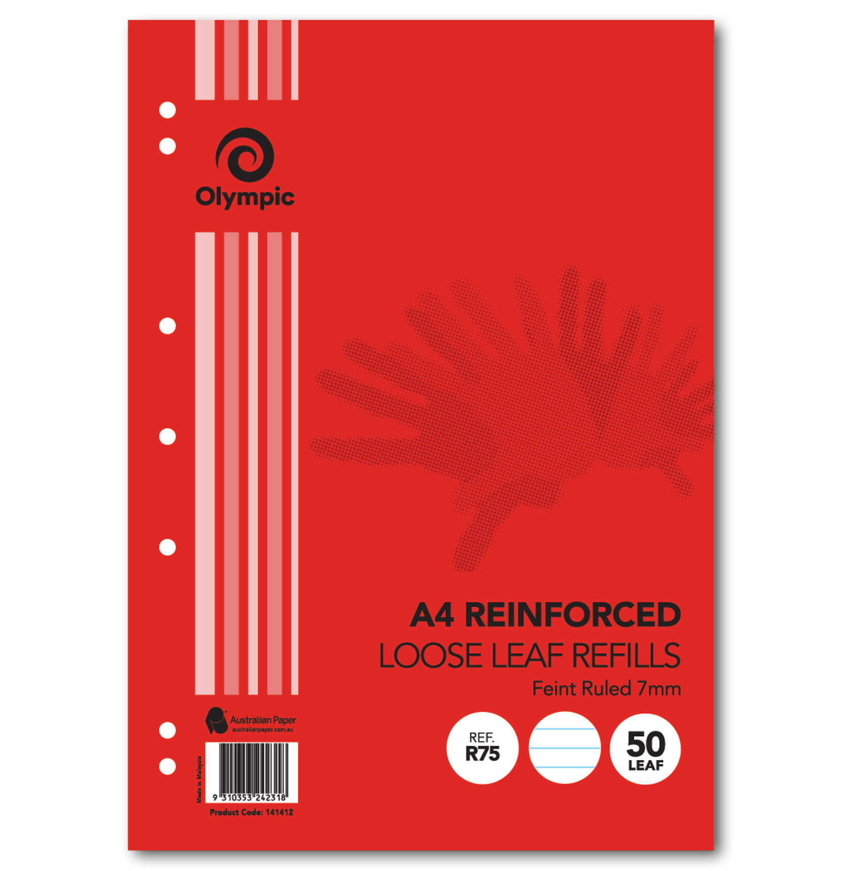 LOOSE LEAF REINFORCED REFILLS OLYMPIC A4 RULED 7MM 50 LEAF