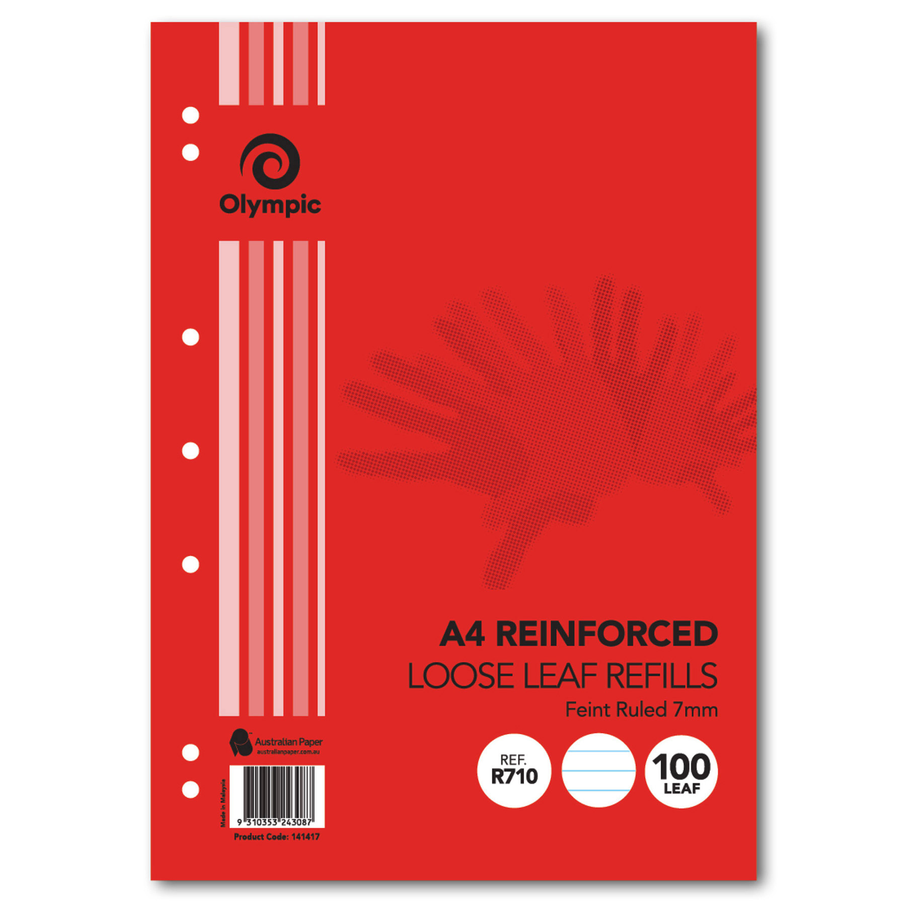 LOOSE LEAF REINFORCED REFILLS OLYMPIC A4 RULED 7MM 100 LEAF