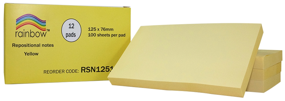 STICKY NOTES RAINBOW 125X76MM YELLOW PK12