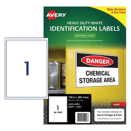 SP- LABELS AVERY LASER L7067 H/DUTY 199.6X289.1MM 1UP PK10