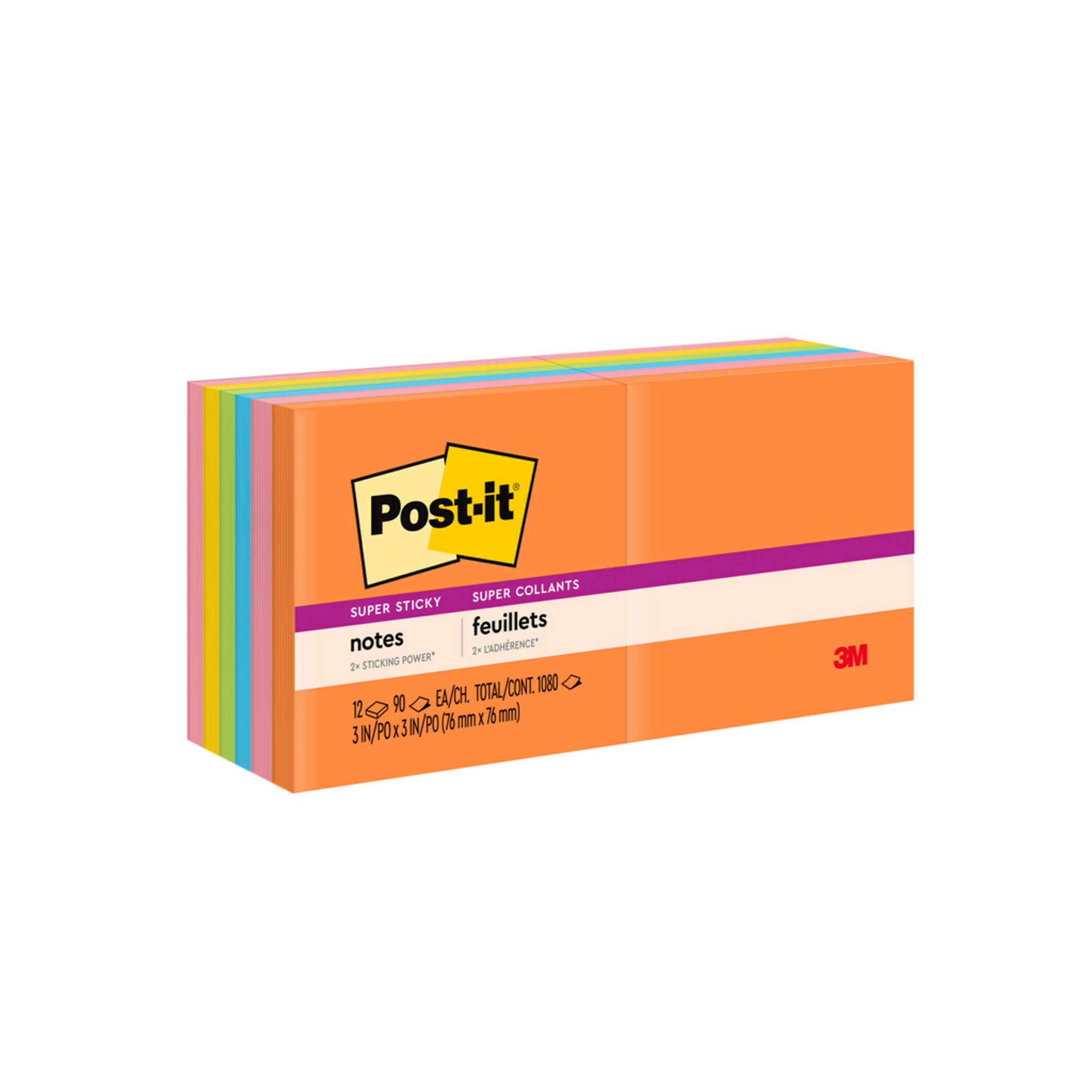 NOTES POST-IT SUPER STICKY 76X76MM 654-12SSUC NEON FIZZ PK12