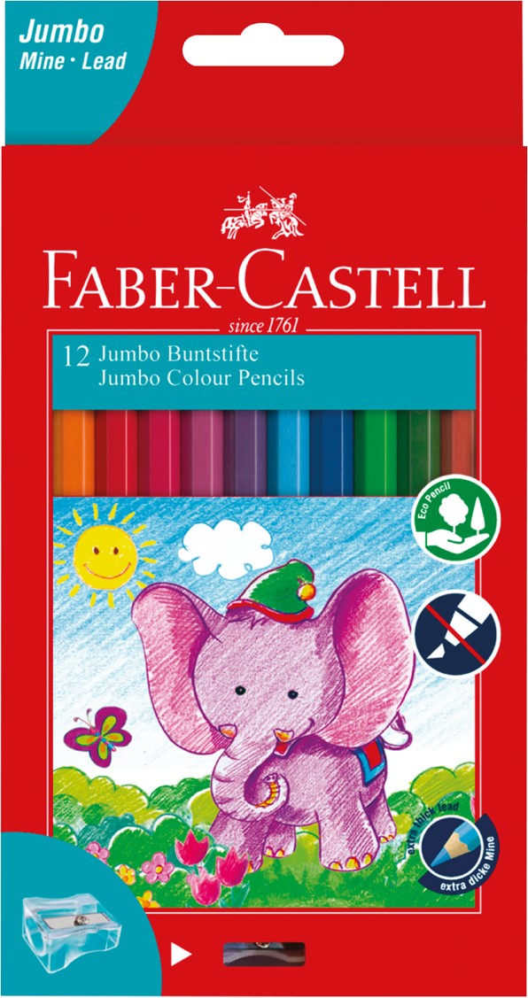 PENCIL COLOURED FABER-CASTELL JUMBO FREE SHARPENER 12'S