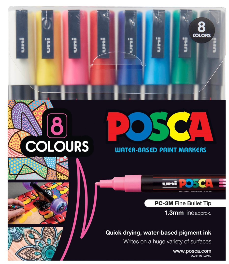 MARKER UNI POSCA PAINT PC3M FINE BULLET TIP ASST WLT8