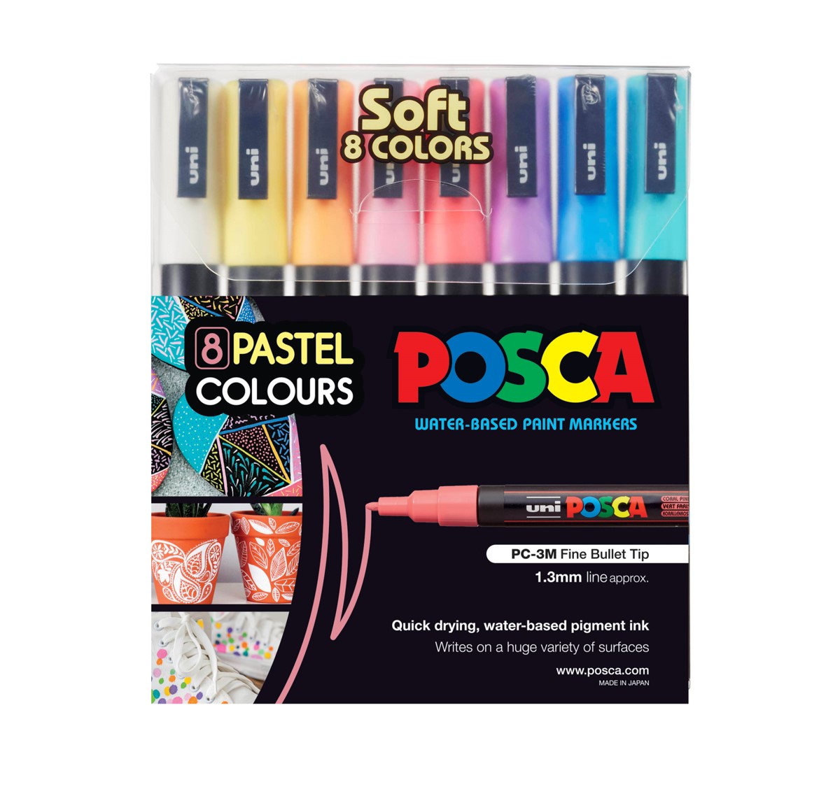 MARKER UNI POSCA PAINT PC3M FINE BULLET TIP ASST SOFT COLOURS WLT8