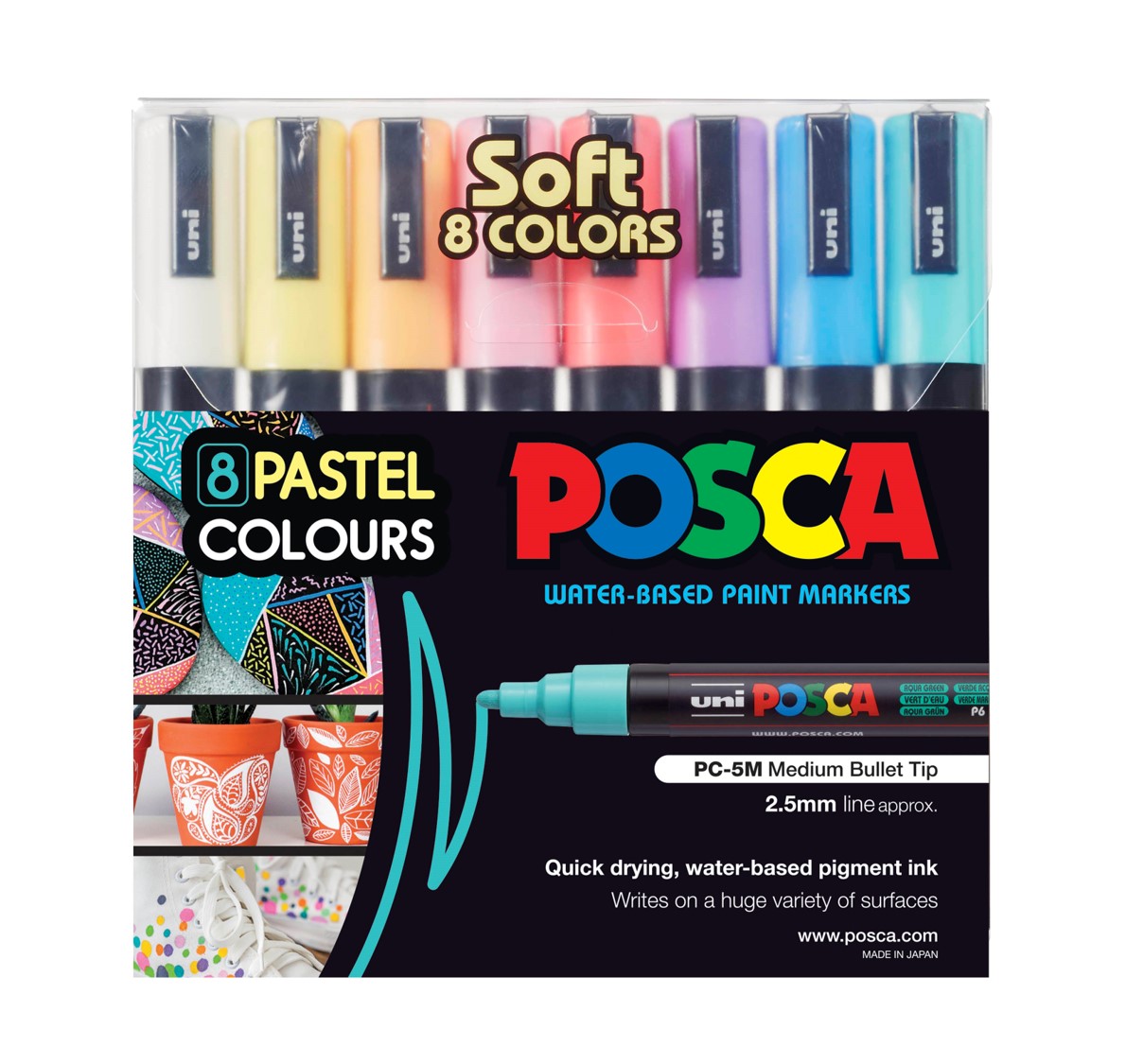 MARKER UNI POSCA PAINT PC5M MEDIUM BULLET TIP ASST SOFT COLOURS PK8