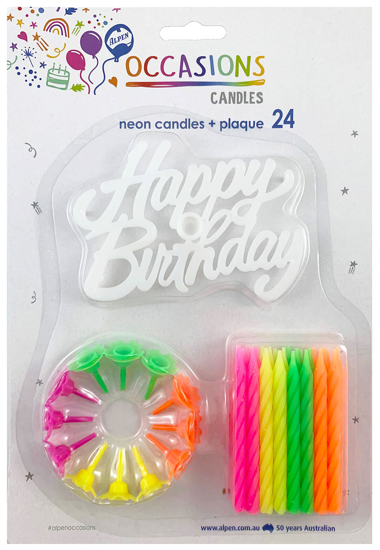 CANDLES ALPEN B/DAY NEON W/HOLDER & PLAQUE 24'S