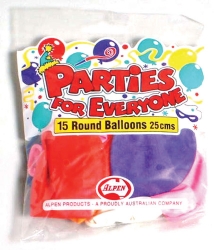 BALLOONS ALPEN 25CM ASST COLS 15'S