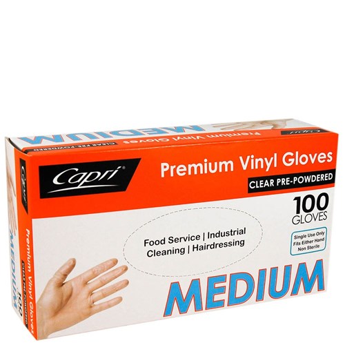 GLOVES CAPRI VINYL POWDERED CLEAR MEDIUM BX100