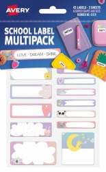 SP- LABELS NAME AVERY SCHOOL MULTIPACK LOVE DREAM SHINE 3 SHEETS 42PK