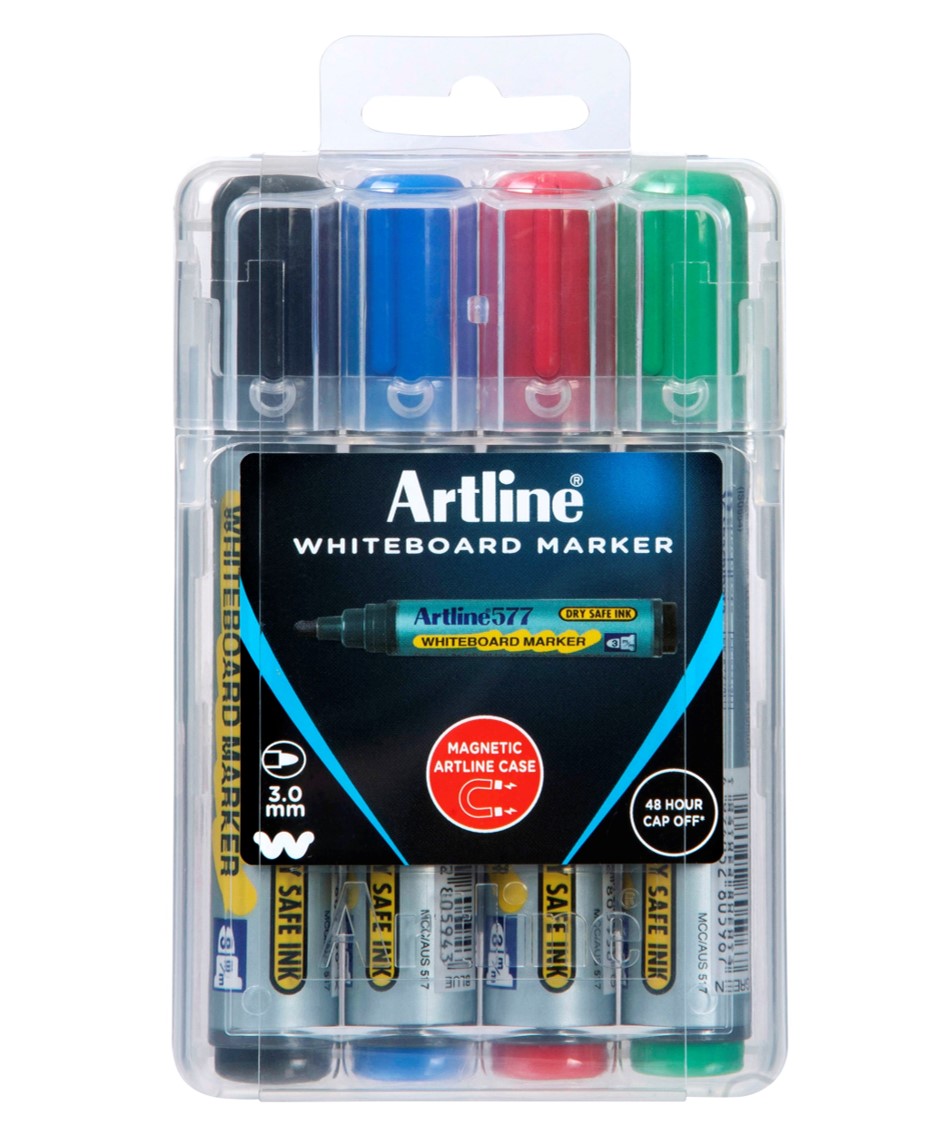 MARKER WHITEBOARD ARTLINE 577 3MM BULLET NIB HARD CASE ASST PK4