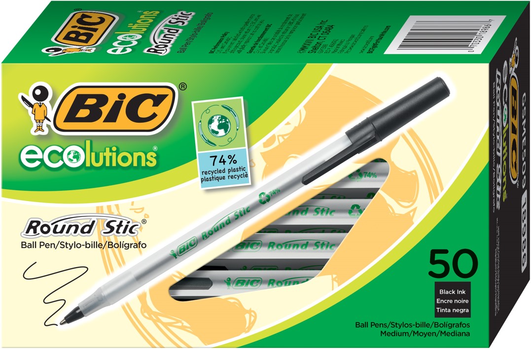 PEN BIC BP ECOLUTIONS ROUND STIC 1.0MM MEDIUM POINT BLACK BX50