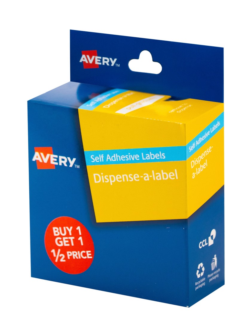 SP- LABEL AVERY 24MM BUY 1 GET 1 1/2 PRICE DISPENSER LABEL RED & WHITE PK30