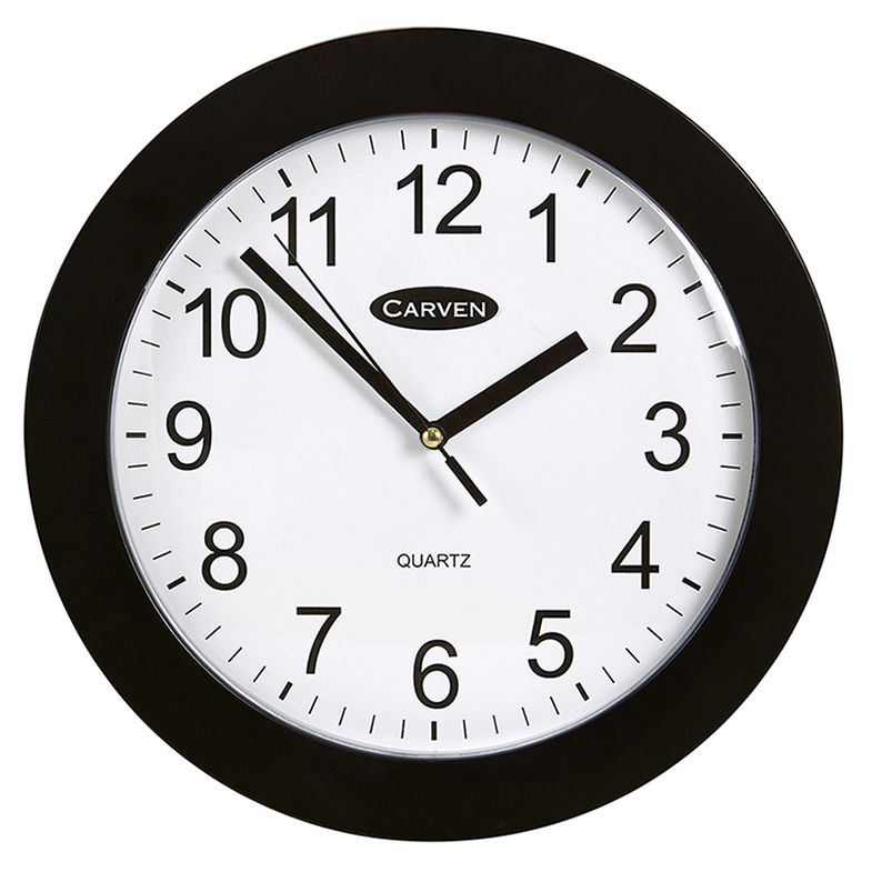SP- WALL CLOCK CARVEN 250MM PLASTIC FRAME BLACK