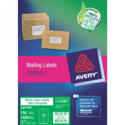 LABEL ENVIRO AVERY 99.1X38.1MM 100% RECYCLED 14/SHEET BOX 100 WHITE